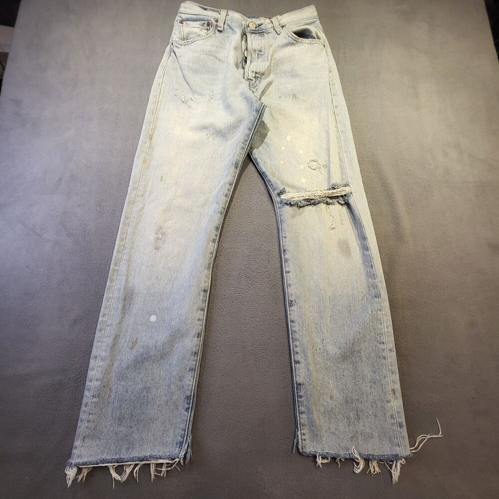 Levis 501 93 Mens 28x28 Modern Big E Denim Jean Straight Leg Distressed Thrashed